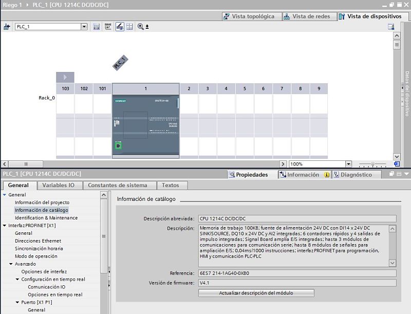 Tipo de cpu TIA Portal utilizada y su firmware.