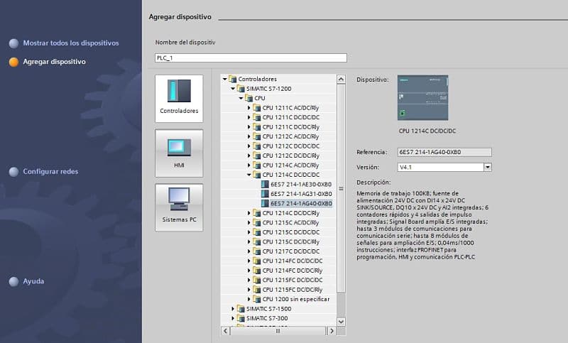 Configuración CPU TIA Portal modelo 214-1AG40-xxxx