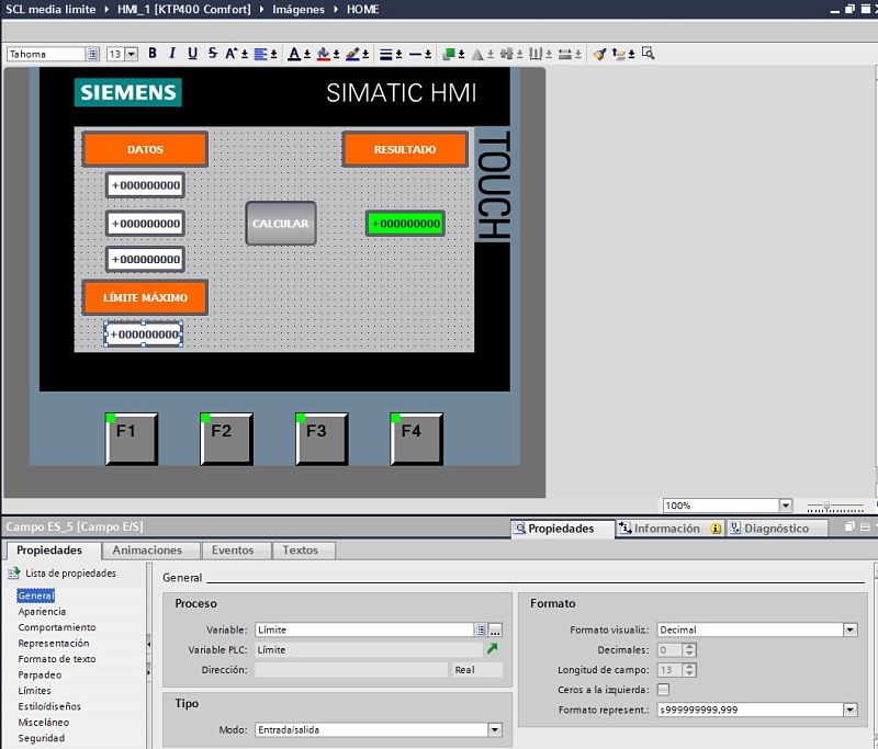 Campos entrada salida en HMI para introducir valores y el límite.