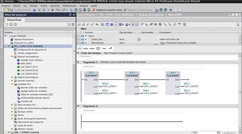 Componentes software utilizados en el control luces almacén en TIA Portal.