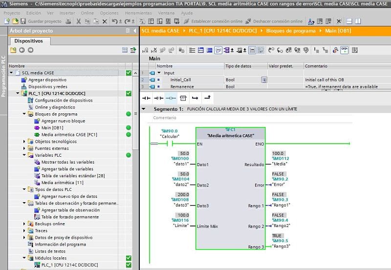 SCL media aritmética CASE con varios rangos de error TIA Portal