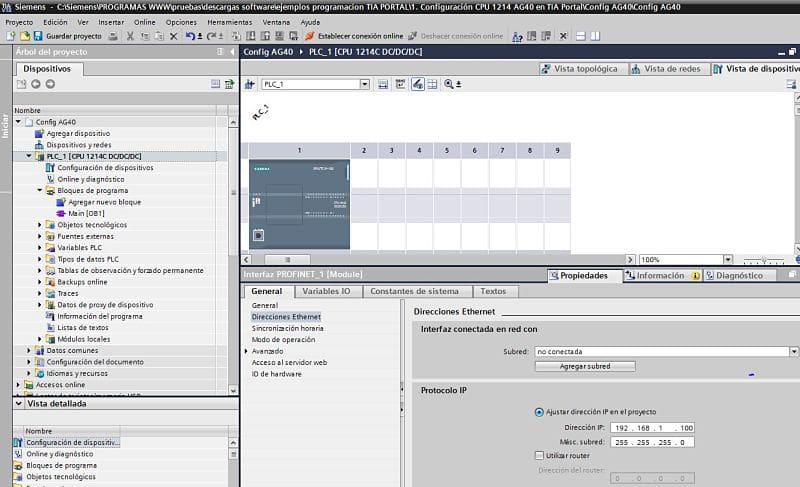 Dirección Ethernet para el proyecto de configuración CPU 1214.