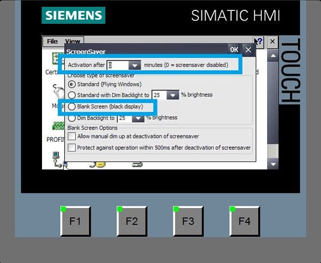 Salvapantallas en HMI para desconexión de la pantalla al tiempo