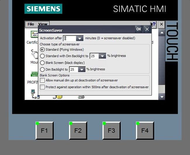 Opciones seleccionables para salvapantallas en HMI.