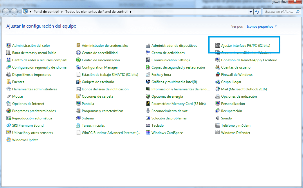 Seleccionar PG PC desde panel de control Windows.