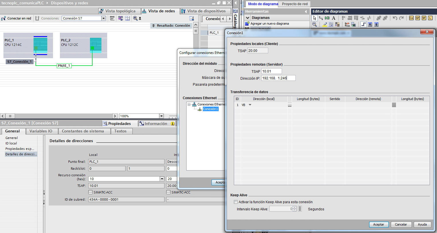 Rellenar datos de la conexión comparando con TIA Portal.