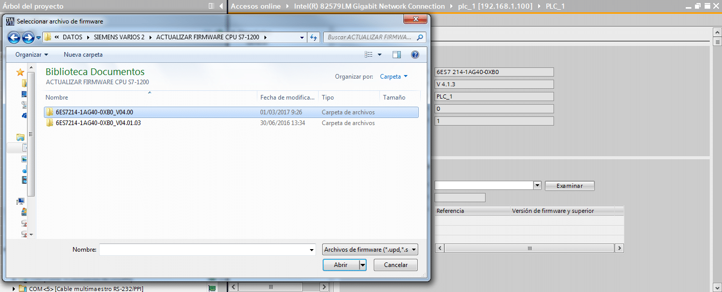 Seleccionar archivo para actualizar Firmware V4.0 en PLC Siemens.