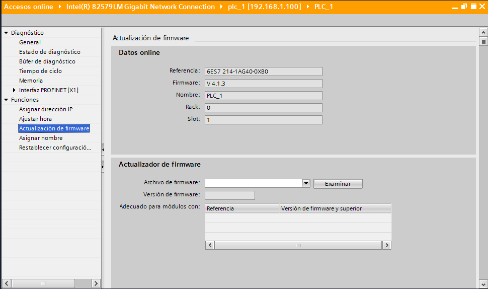 Ver sección de actualizar Firmware V4.0 en PLC S7-1200 en la conexión ONLINE.