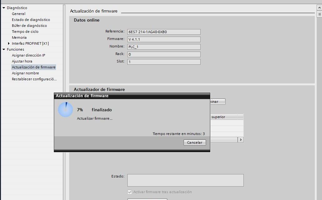 Actualizar Firmware V4.1 de CPU S7-1200 que tiene Firmware V4.0.