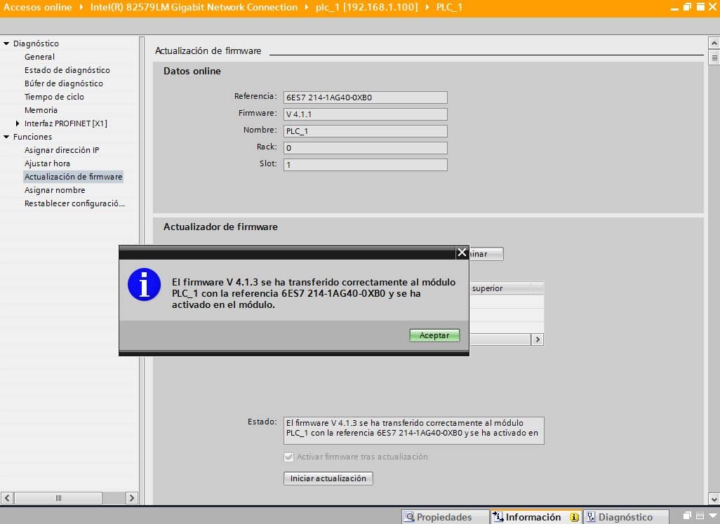 Firmware instalado y activado correctamente.