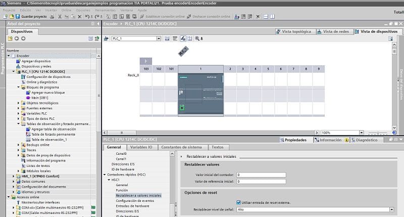 Opciones de reset del contador del encoder S7-1200.