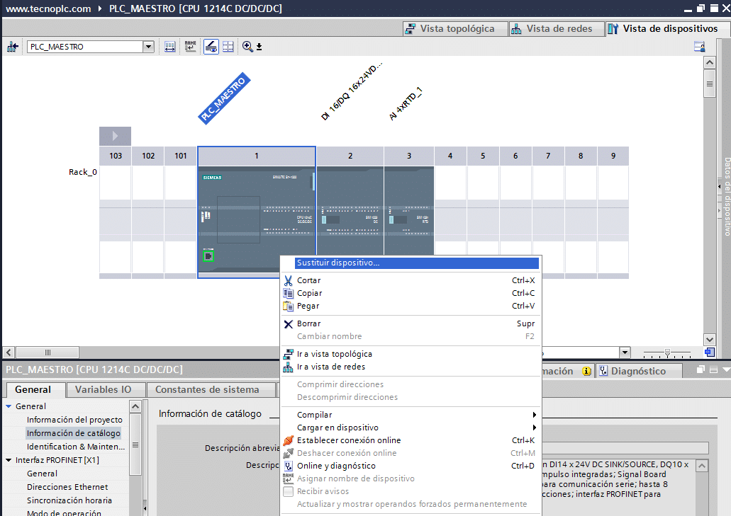 Seleccionar sustituir dispositivo para cambiar modelo CPU en proyecto.