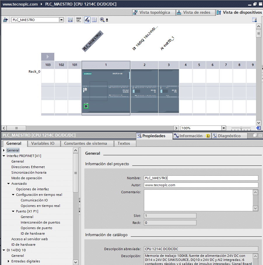 Características del PLC en el proyecto TIA Portal.