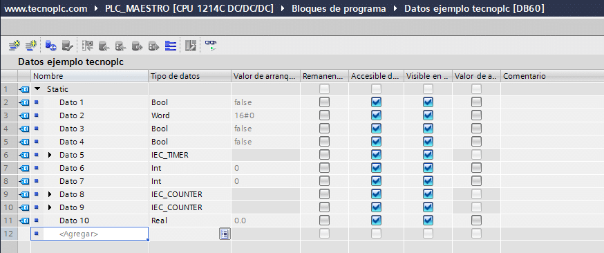 Añadir datos a DB ya creado en TIA Portal