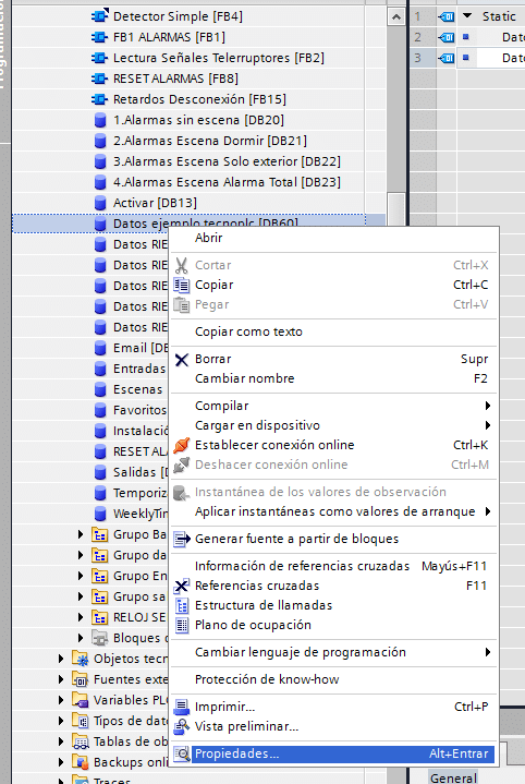 Propiedades del DB de datos en nuestro proyecto TIA Portal.