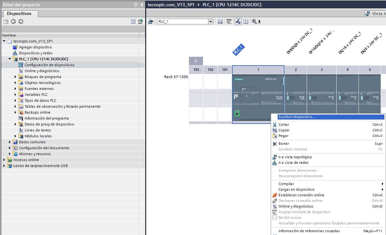 Transformar proyecto TIA V12 a V13 y Botón derecho en PLC y sustituir dispositivo