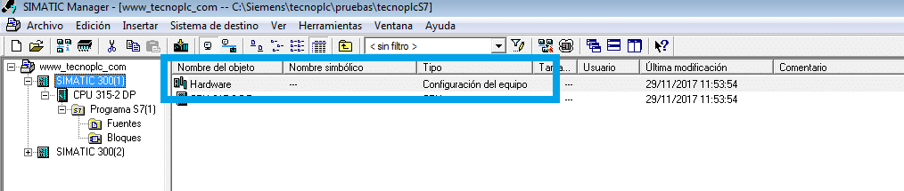 Bloque de Hardware en el proyecto de Step 7.