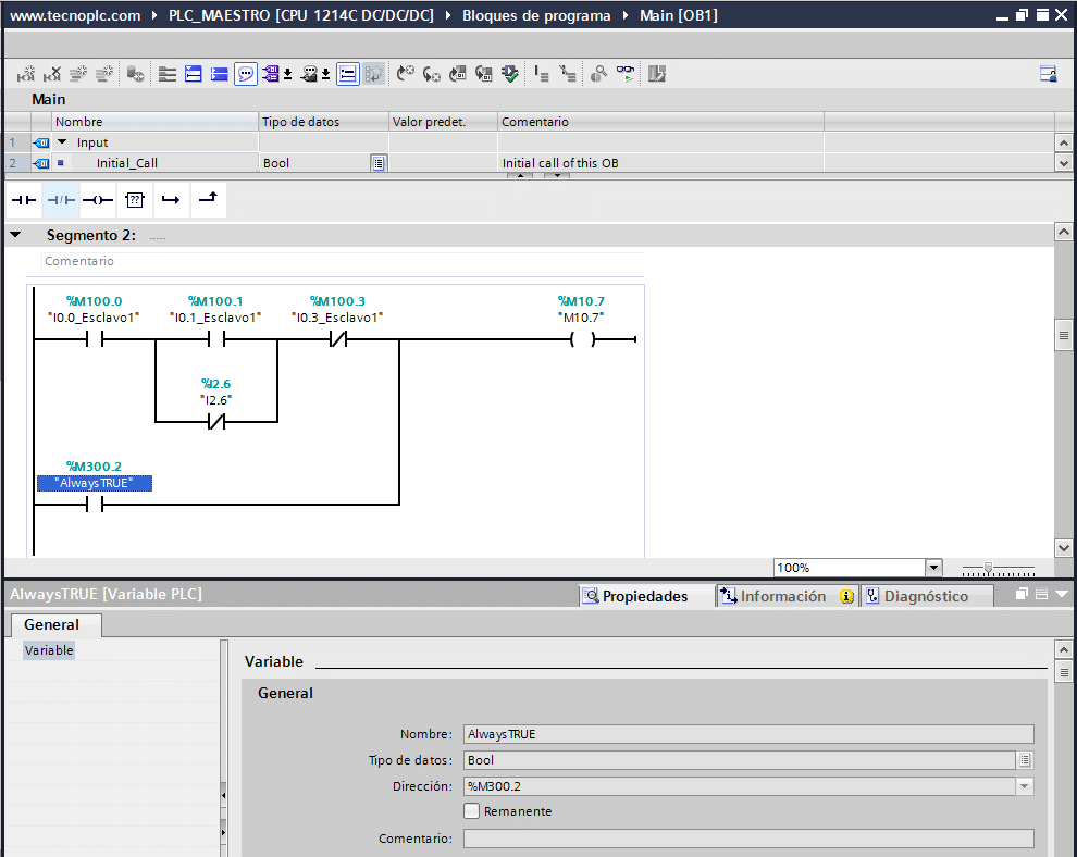 Marca siempre activada en TIA Portal para hacer un puente.