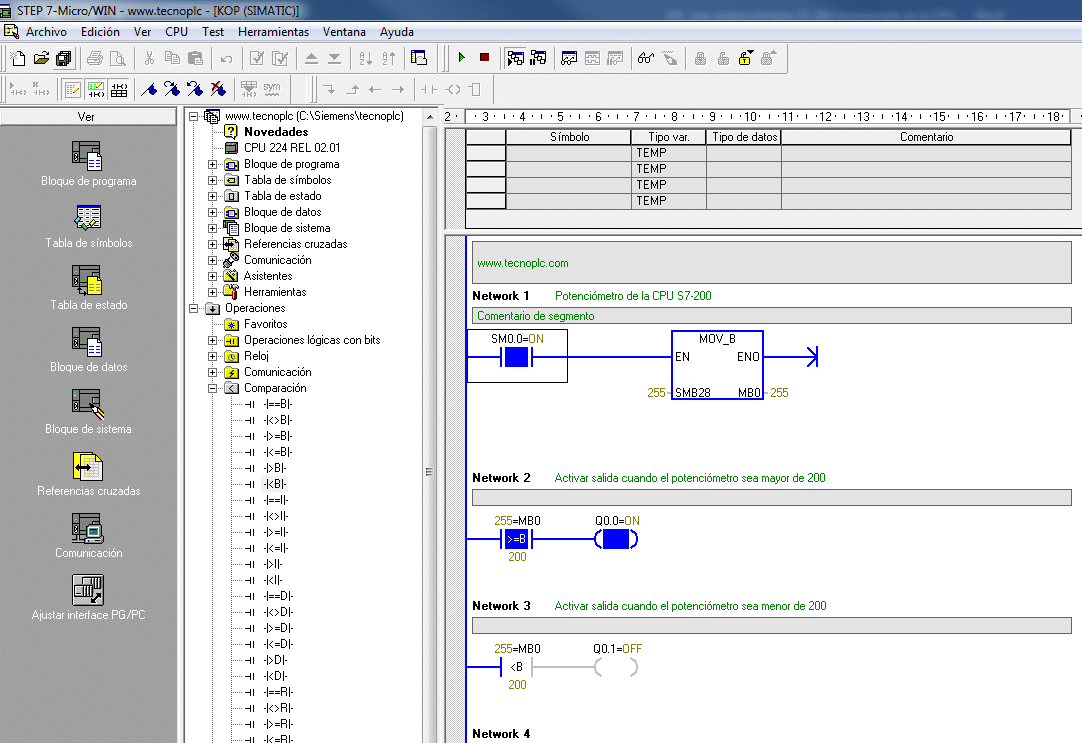 Ejemplo al leer potenciómetro S7-200 y utilizar su valor.