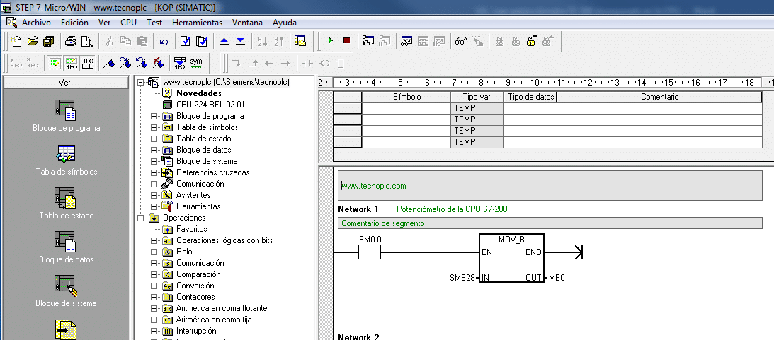 Leer potenciómetro S7-200 en el software MicroWin.