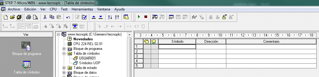 Tabla de símbolos en S7-200 definida como USUARIO1.