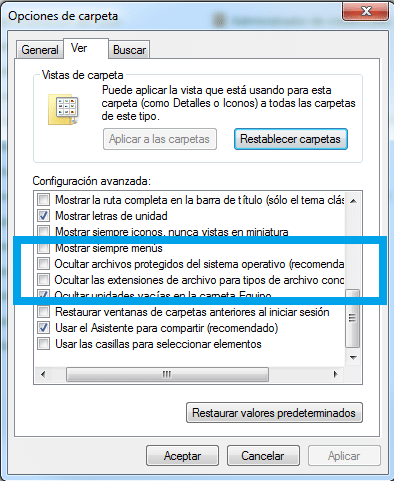 Hay que inhabilitar ciertas opciones para archivos ocultos.