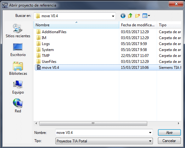 Seleccionar el archivo TIA Portal del proyecto de referencia.