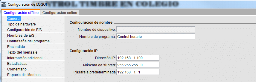 Conexión Ethernet Control horario de timbre en colegio en LOGO 8.