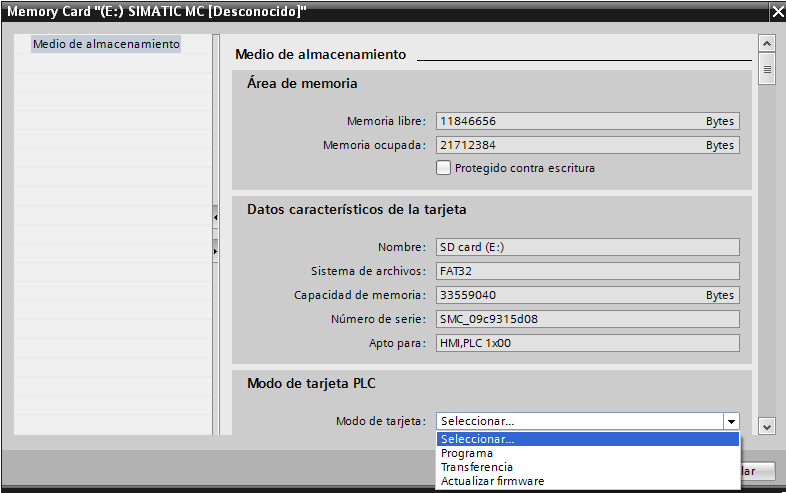 Cuadro donde seleccionar modo de funcionamiento para tarjeta MMC TIA Portal.