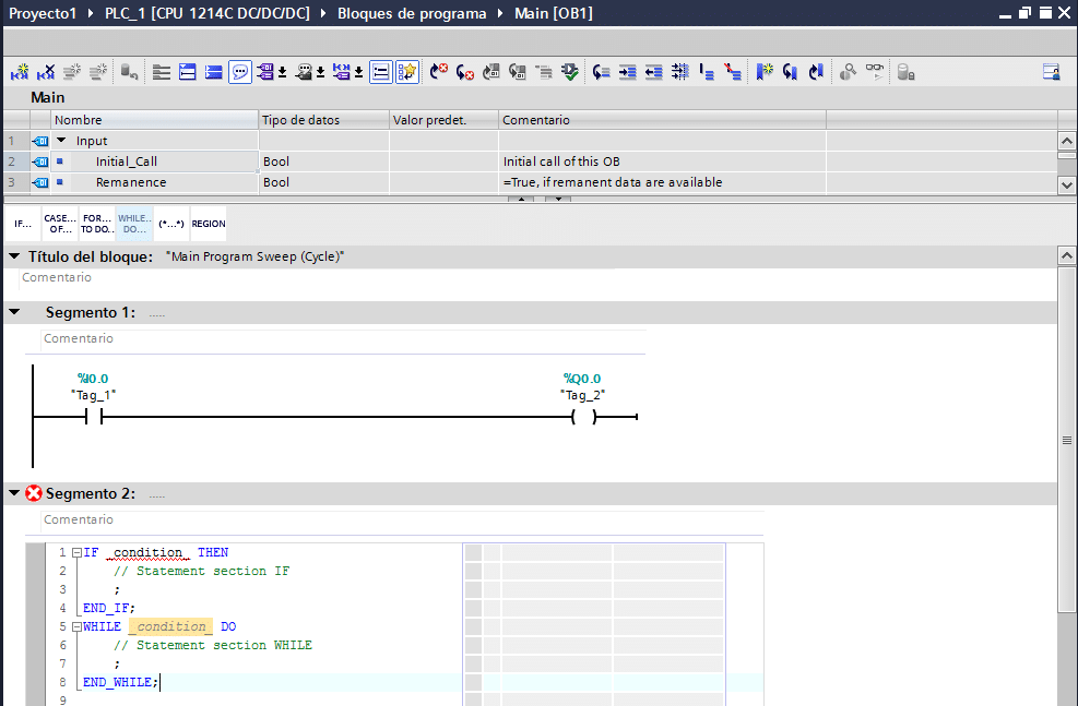 Ejemplo de instrucciones en SCL dentro del KOP.