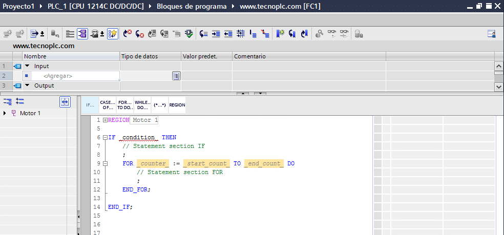 Ejemplo de instrucciones utilizadas en SCL.