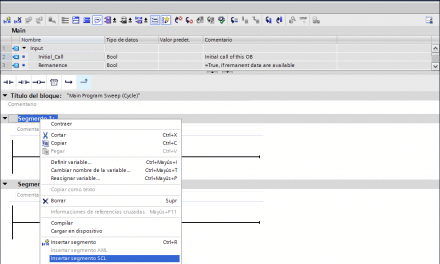 Insertar segmento en SCL en un bloque FC creado en KOP. TIA Portal V15