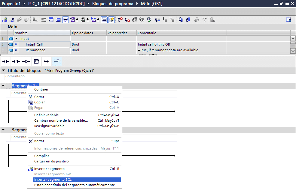 Insertar segmento en SCL en un bloque FC creado en KOP. TIA Portal V15