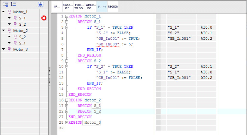 Ejemplo de un programa utilizando Regiones en SCL.