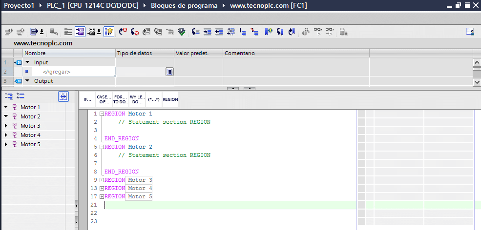 Región en SCL en programa TIA Portal V15