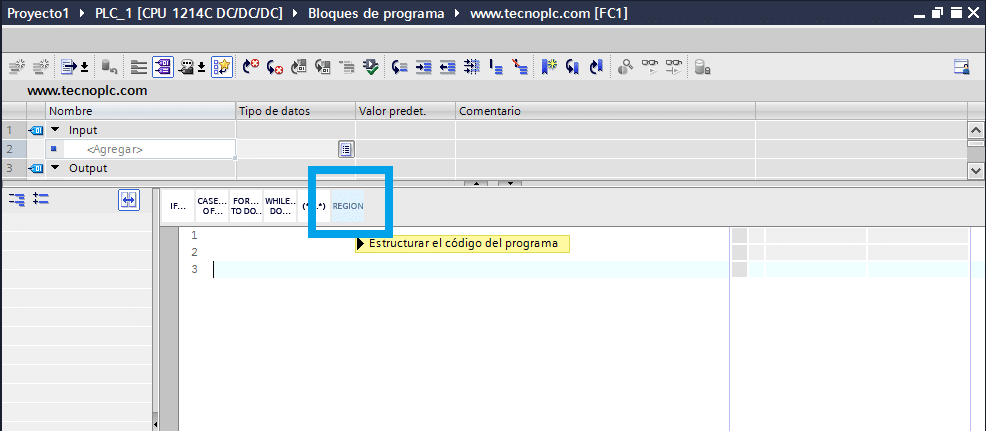 Función Región en SCL dentro del bloque FC.