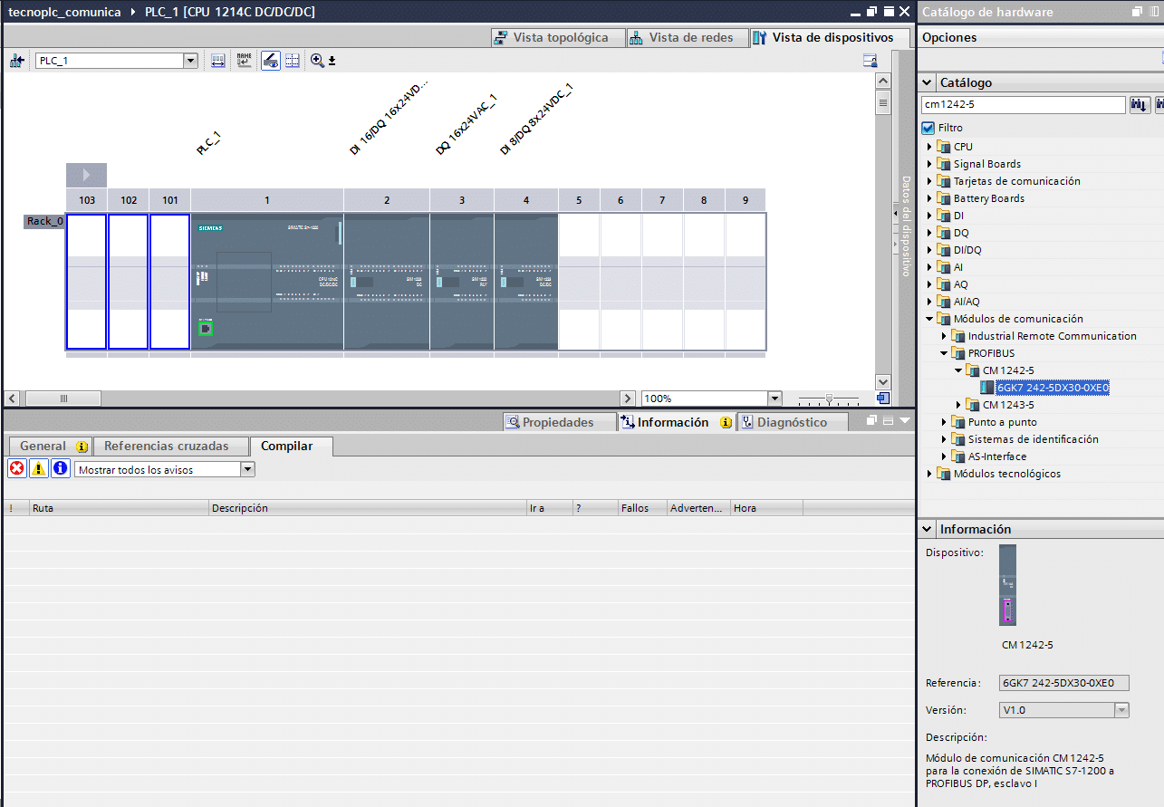 Buscar módulo para añadir hardware Profibus S7-1200 a la configuración del proyecto.