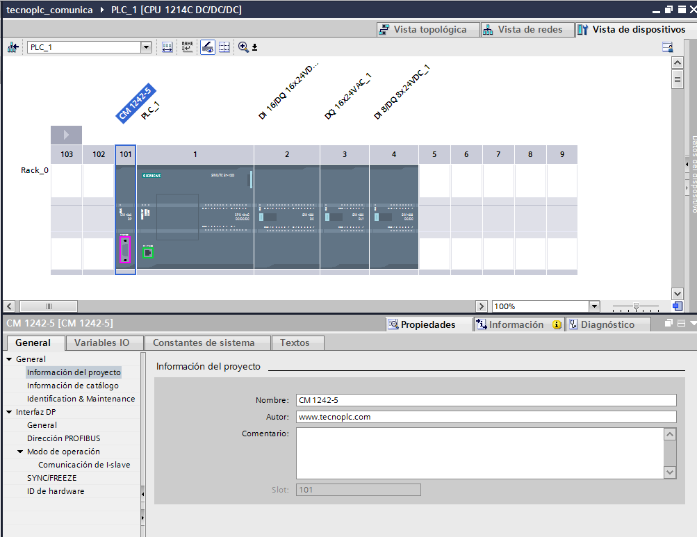 Módulo de Profibus añadido al hardware de la CPU.