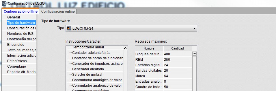 Tipo CPU LOGO utilizada y firmware en control luz edificio.