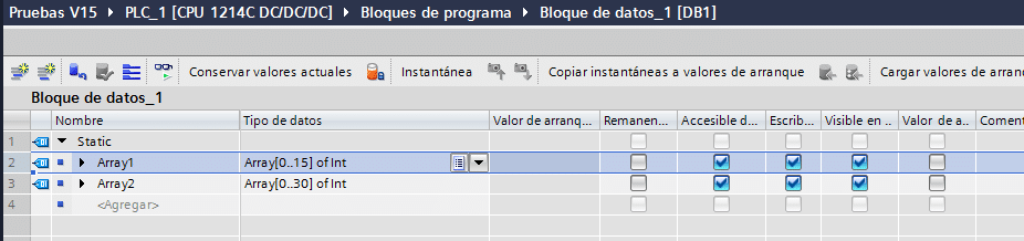 Datos de ejemplo de Array con varias longitudes.