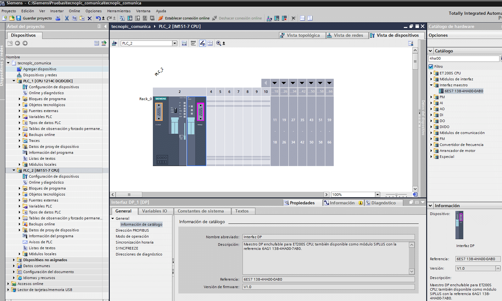 Interfaz maestro Profibus insertada a la CPU ET200S.