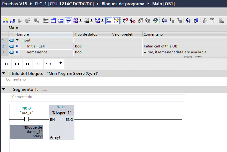 Llamada al FC con un array de dimensión 15.