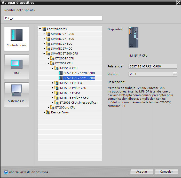 Seleccionar la CPU requerida desde el catálogo Hardware.