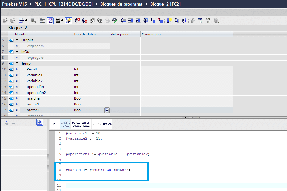 Asignación en SCL en una operación Lógica.