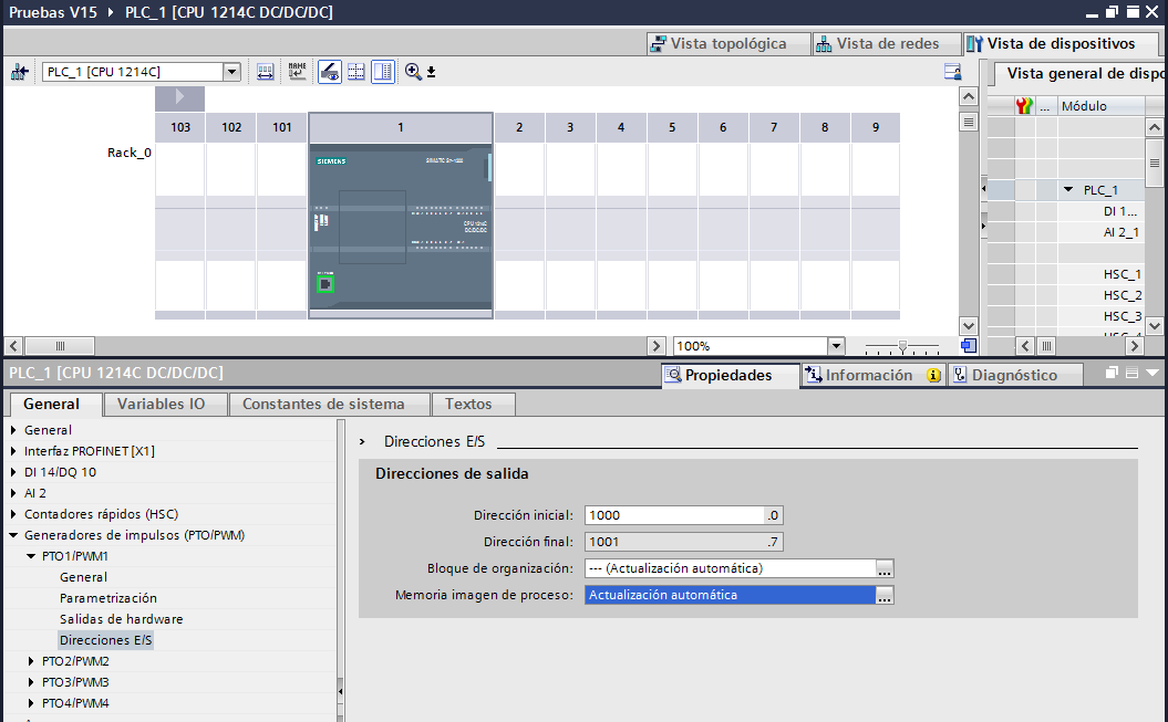 Longitud de impulso de la señal PWM en TIA Portal.