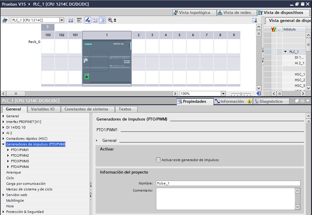 Salidas PWM TIA Portal en la configuración de dispositivos.