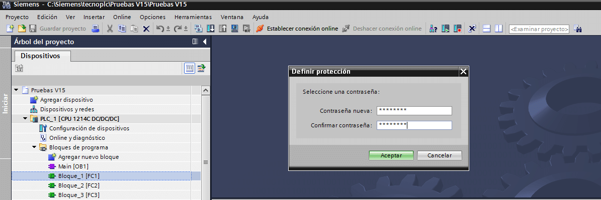 Ventana para introducir contraseña para proteger bloques.