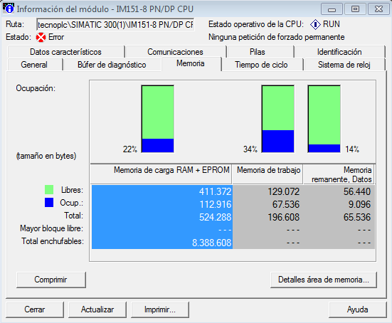 Cómo ver la memoria de CPU en proyecto Step7.