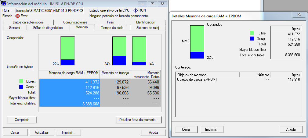 Detalle de tipos de memoria en proyecto Step7.