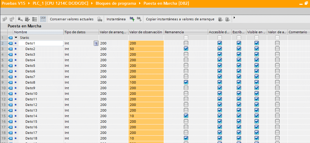 Remanencia en DB de datos selección y ajuste en TIA Portal